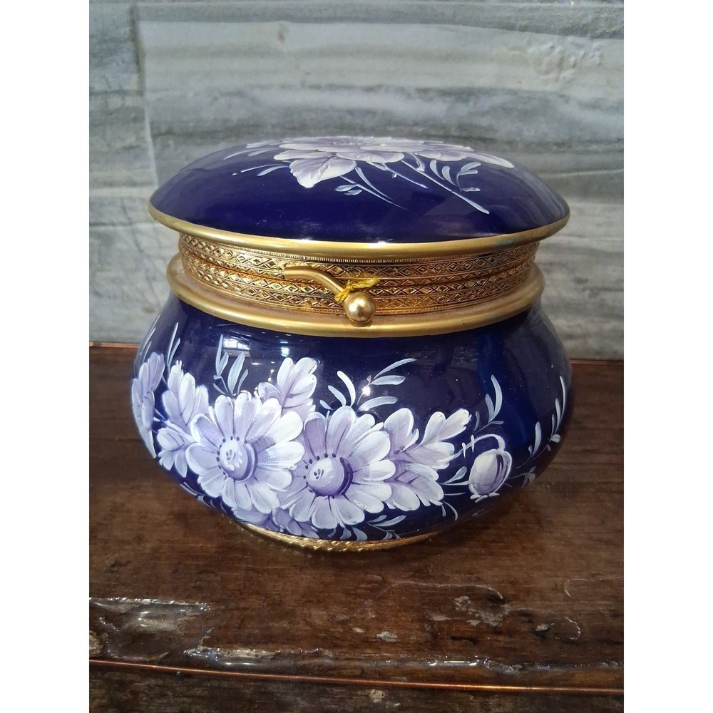Capodimonte Cobalt Blue Floral Porcelain 6" HInged Lidded Jar tinket box jewlery